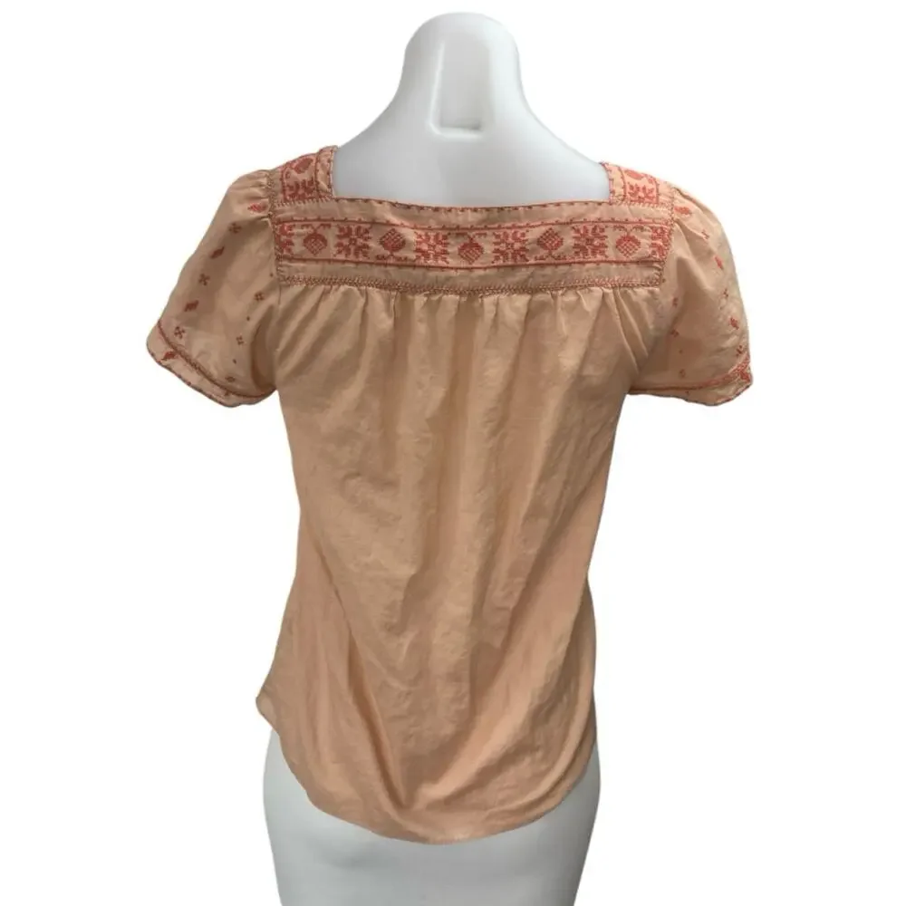 Madewell Peach Orange Embroidered Square Neck Short Puff Sleeve Blouse Top XS